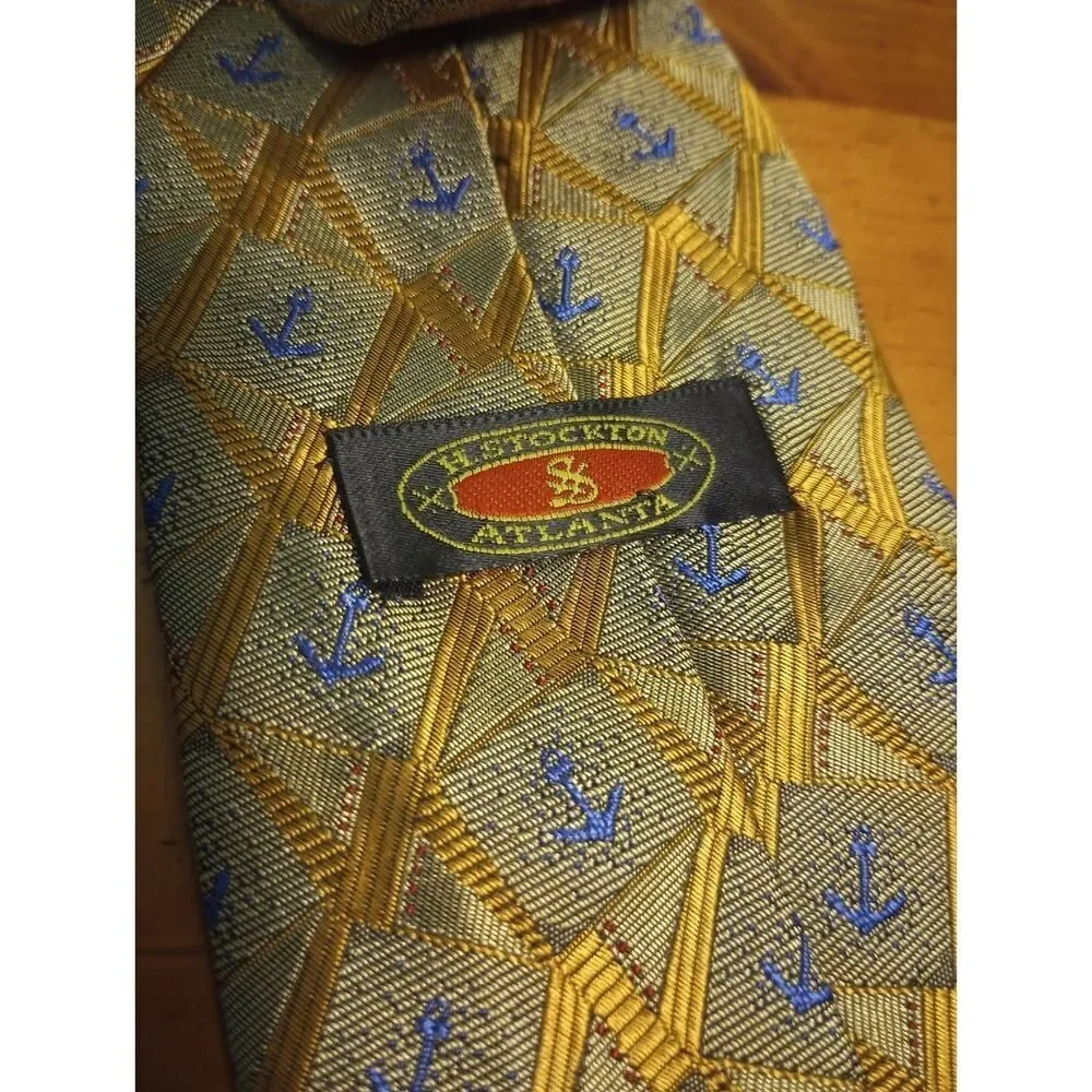 H. Stockton Atlanta NEW Neck Tie Silk Face‎ Gold and Blue Anchor Print